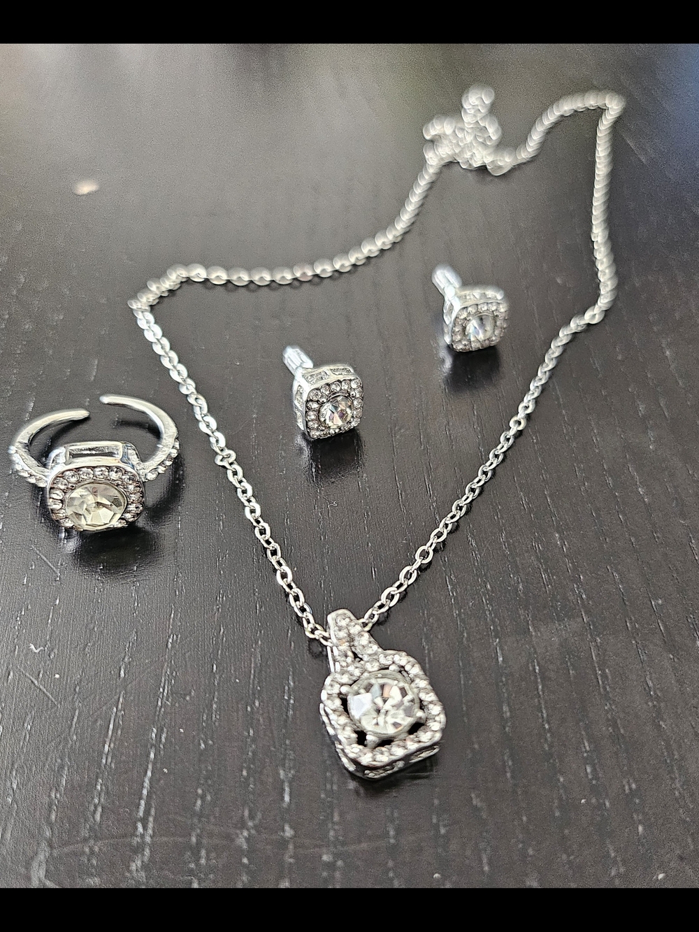 Silver Crystal Pendant Necklace, Ring & Stud Earring Set - Clear